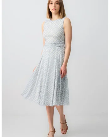 Rochie midi cu model in carouri si talie drapata, Albastru pal/Bej deschis