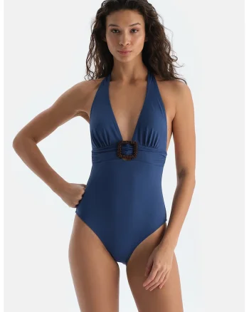 Costum de baie intreg cu decolteu in V, Albastru inchis
