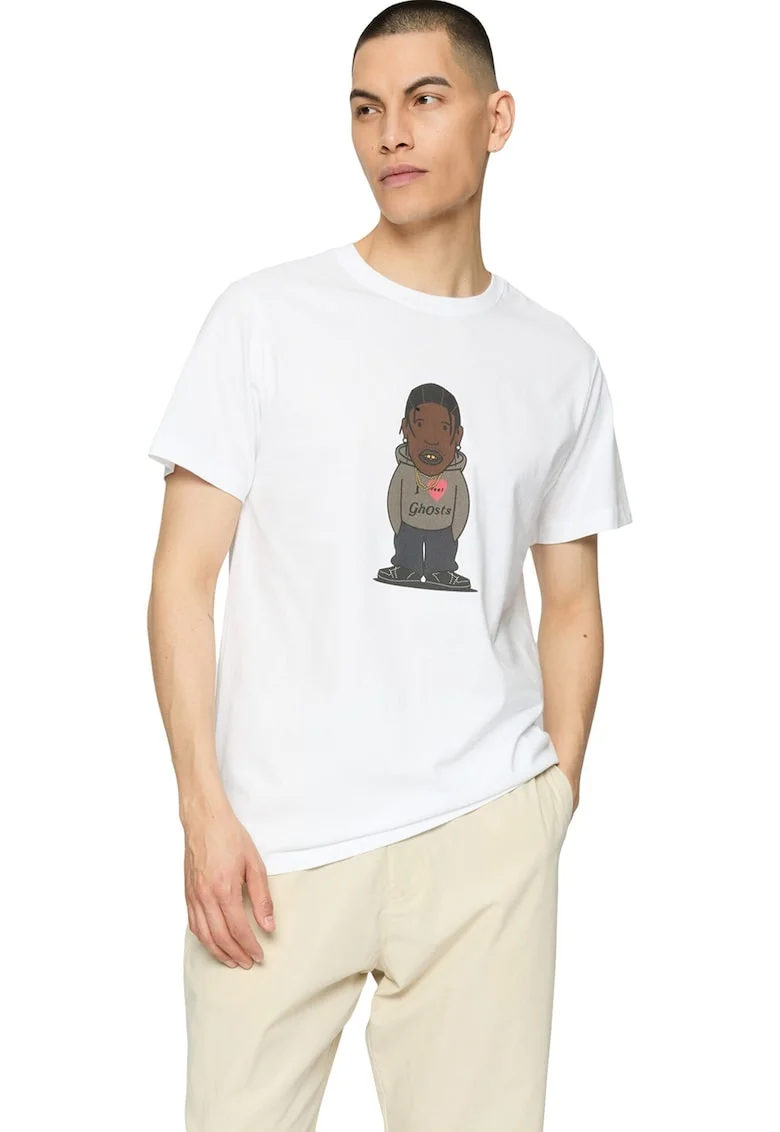 Tricou cu imprimeu grafic, Alb/Maro/Gri