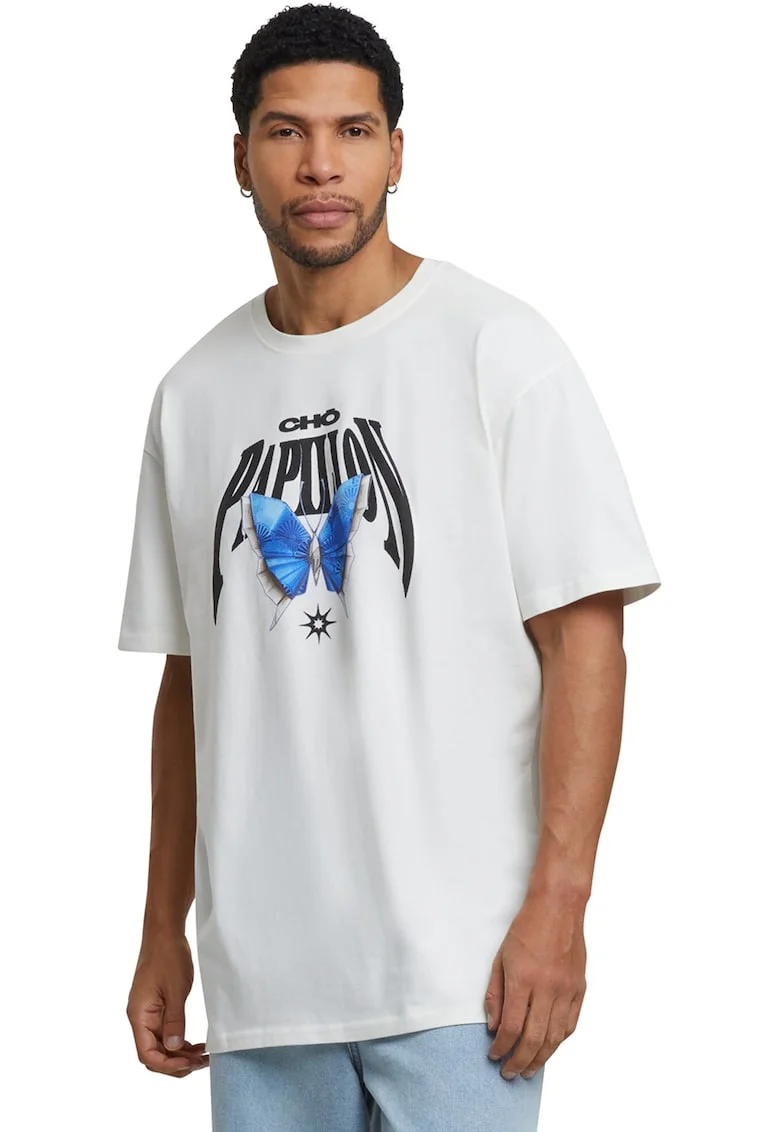 Tricou unisex cu imprimeu grafic, Negru/Alb murdar/Albastru