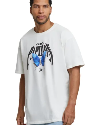 Tricou unisex cu imprimeu grafic, Negru/Alb murdar/Albastru