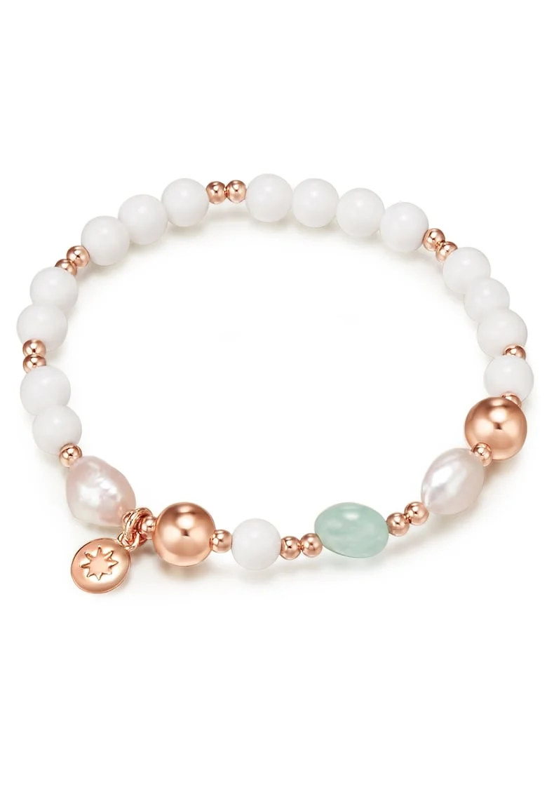 Bratara placata cu aur de 14K si decorata cu perle si acvamarin, Auriu rose