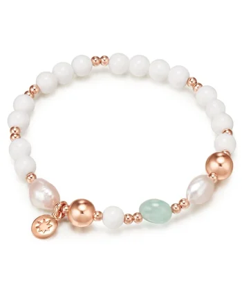 Bratara placata cu aur de 14K si decorata cu perle si acvamarin, Auriu rose