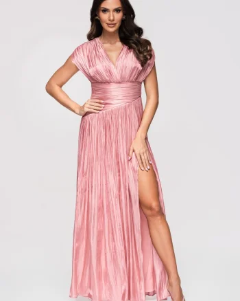Rochie maxi cu decolteu in V si croiala evazata, Roz