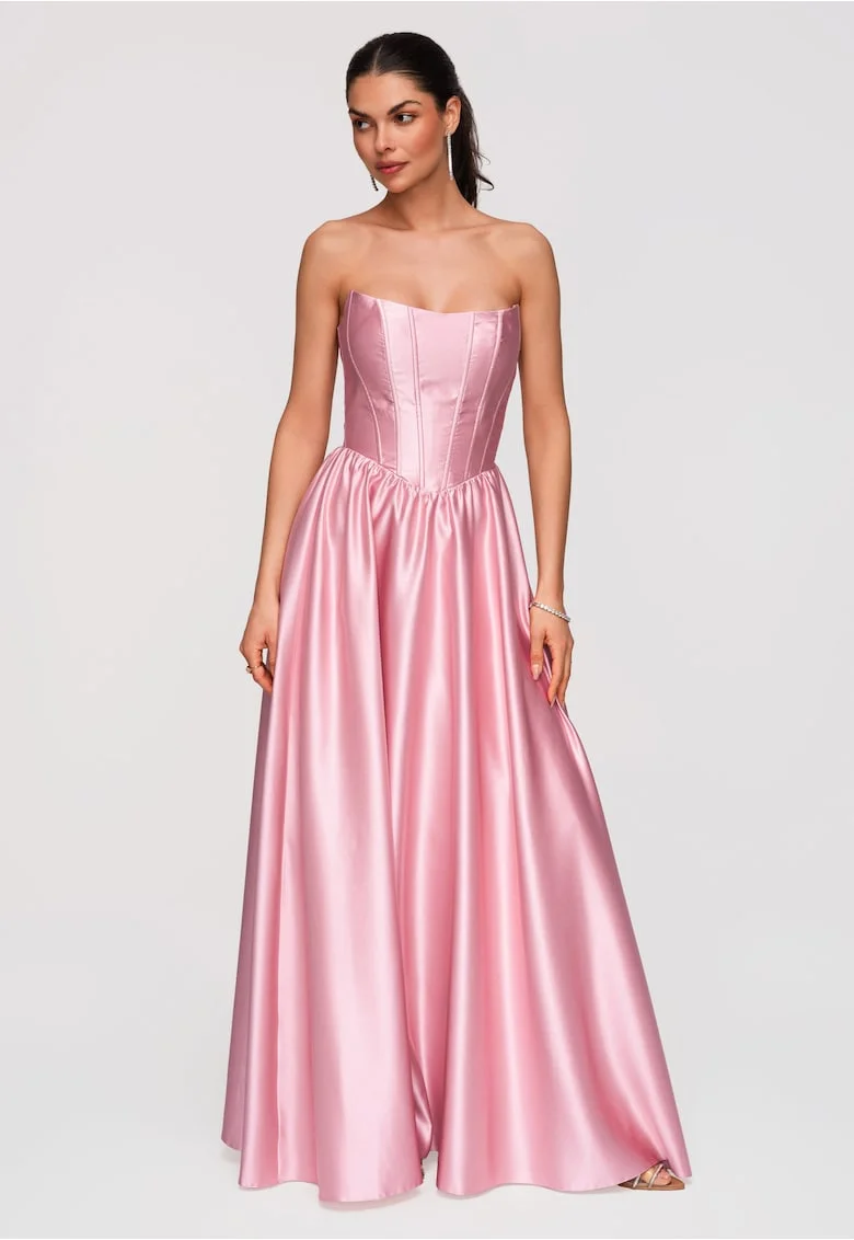 Rochie maxi de seara, croi elegant, material satinat, cu bretele ajustabile, Roz