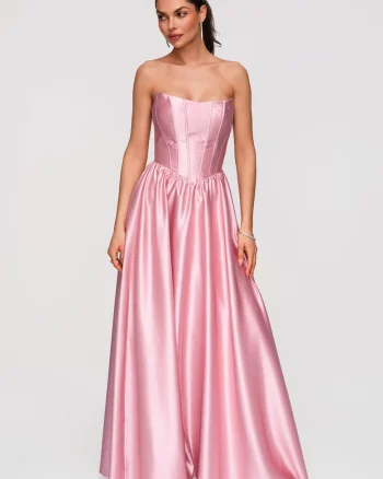Rochie maxi de seara, croi elegant, material satinat, cu bretele ajustabile, Roz