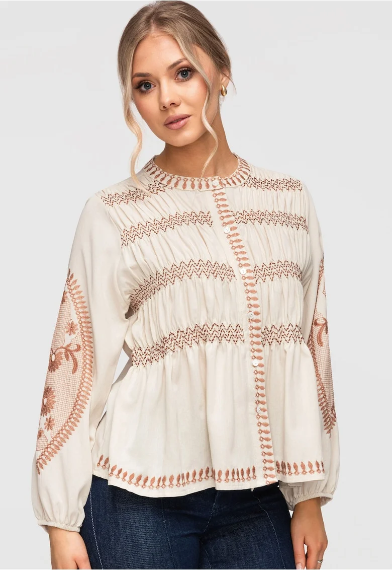 Camasa dama eleganta cu broderie, bumbac si viscoza, croiala lejera, Bej