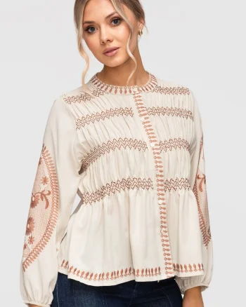 Camasa dama eleganta cu broderie, bumbac si viscoza, croiala lejera, Bej