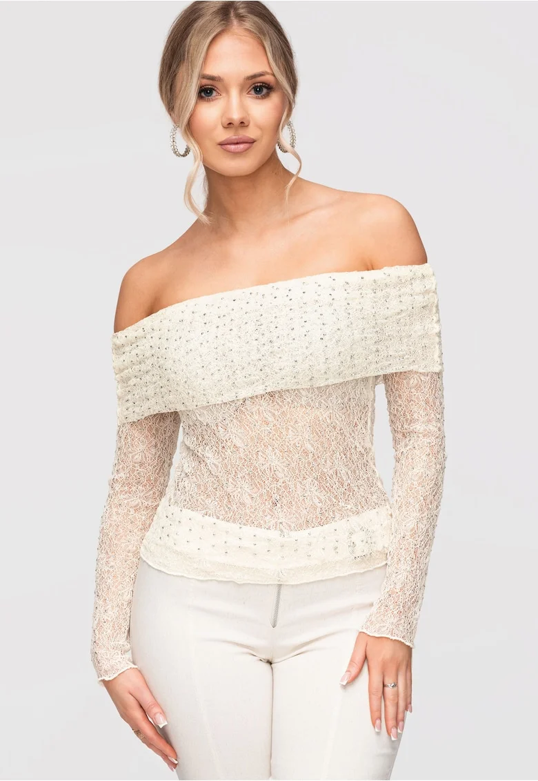 Bluza dama eleganta cu decolteu spaniol din dantela fina, croiala mulata, Ecru