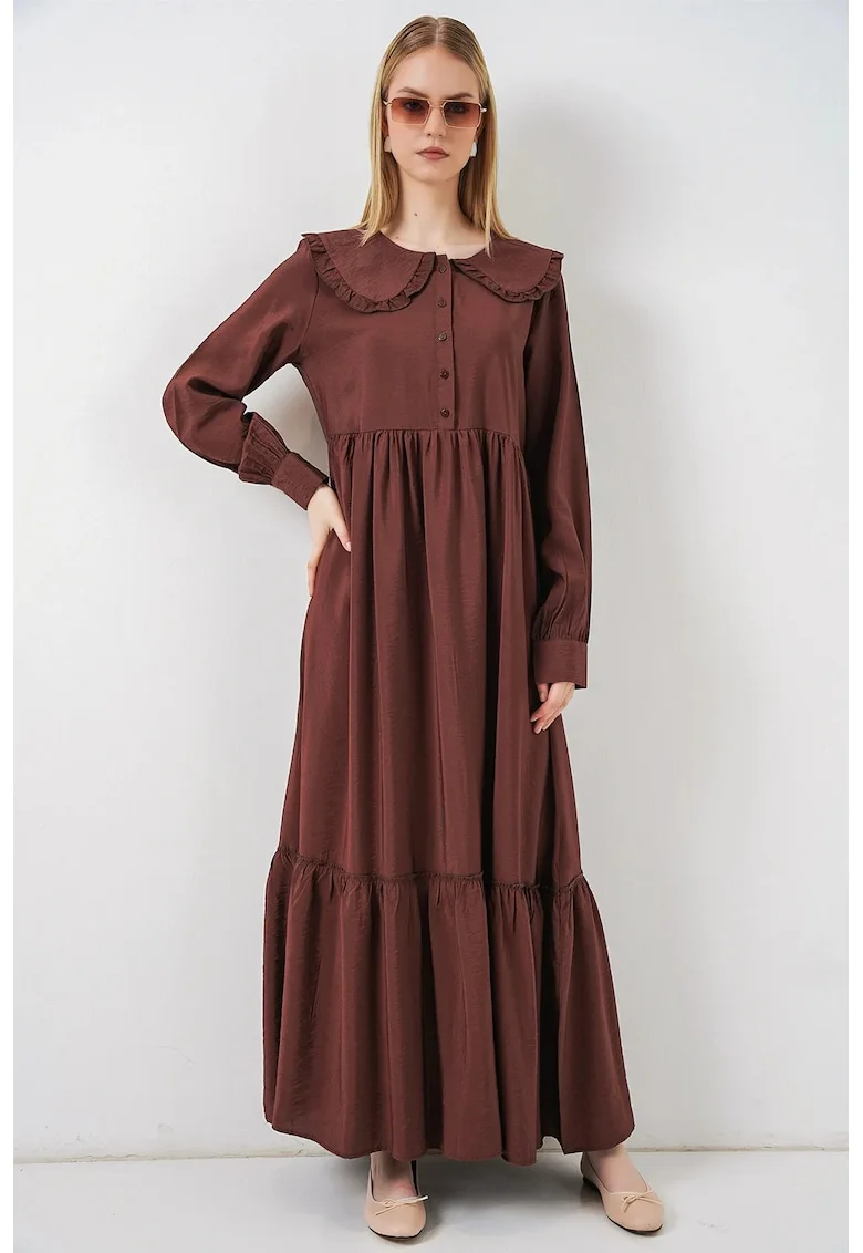 Rochie Maxi  Midi, cu Guler Peter Pan, Maneca lunga, Maro Mocha, 84% viscoza, 16% nailon