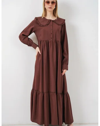 Rochie Maxi  Midi, cu Guler Peter Pan, Maneca lunga, Maro Mocha, 84% viscoza, 16% nailon