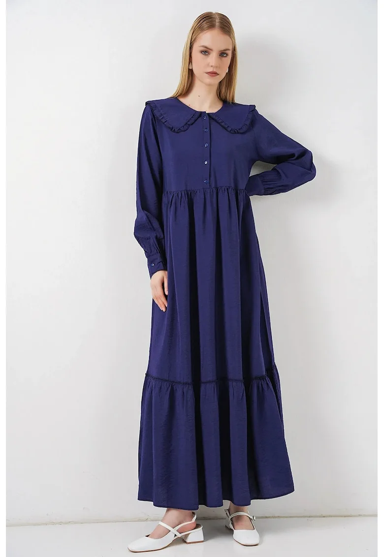 Rochie Maxi  guler Peter Pan, maneca lunga, albastru marin, viscoza-nailon