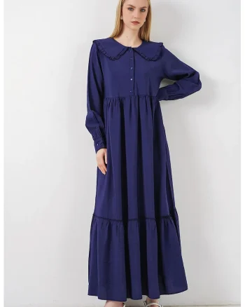 Rochie Maxi  guler Peter Pan, maneca lunga, albastru marin, viscoza-nailon