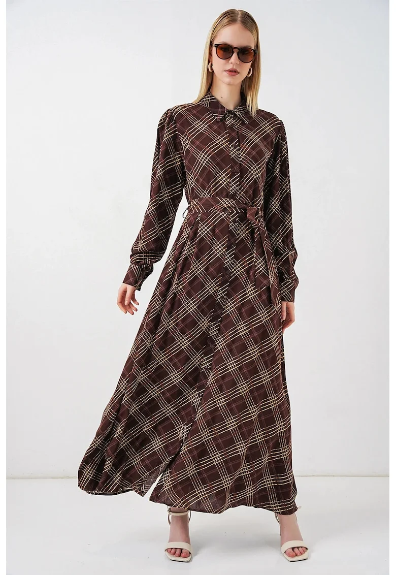 Rochie tip camasa, midi,  model in carouri, viscoza, maro