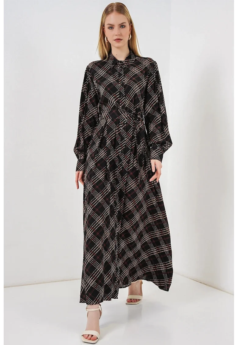 Rochie tip camasa, midi,  model in carouri, viscoza, negru