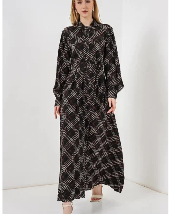 Rochie tip camasa, midi,  model in carouri, viscoza, negru