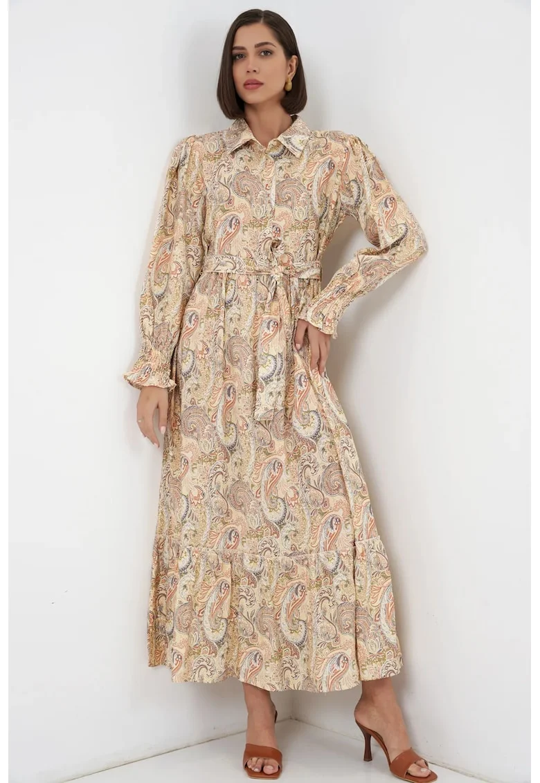 Rochie camasa midi  imprimeu paisley, galben chihlimbar, maneca lunga, cu curea, 80% viscoza, 20% nailon,