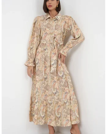 Rochie camasa midi  imprimeu paisley, galben chihlimbar, maneca lunga, cu curea, 80% viscoza, 20% nailon,