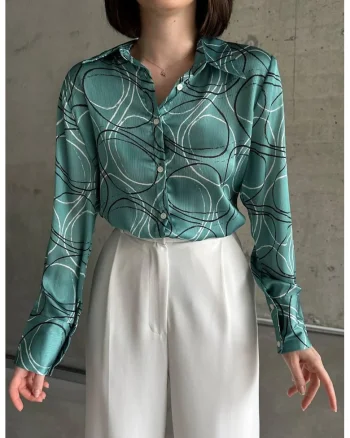 Camasa dama,  imprimeu geometric, verde, poliester,