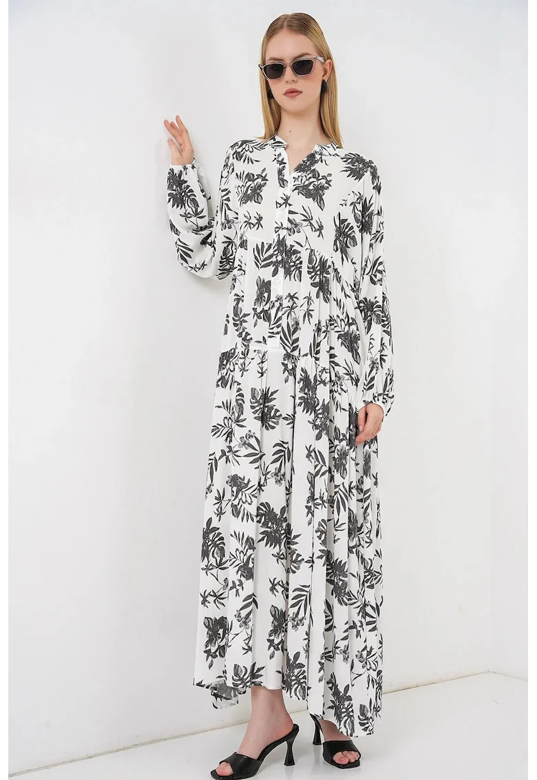 Rochie Maxi  decolteu in V, maneca lunga, viscoza, alb/negru