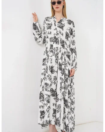 Rochie Maxi  decolteu in V, maneca lunga, viscoza, alb/negru