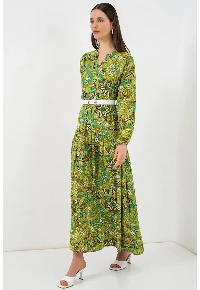 Rochie dama maxi  decolteu in V, verde, viscoza, maneca lunga