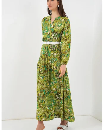 Rochie dama maxi  decolteu in V, verde, viscoza, maneca lunga