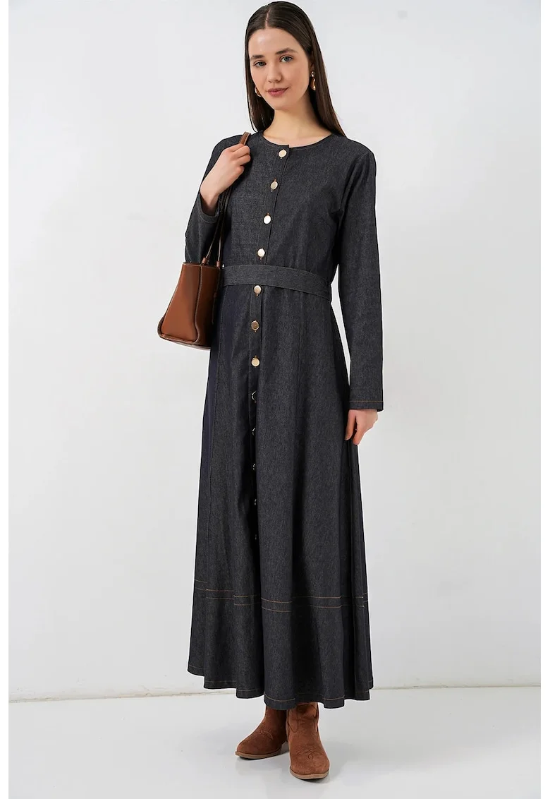 Rochie Midi,  Denim, Albastru Marin, cu Cordon, Maneca Lunga