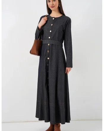 Rochie Midi,  Denim, Albastru Marin, cu Cordon, Maneca Lunga