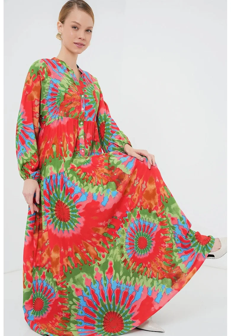 Rochie Maxi  imprimata, decolteu in V, multicolor, viscoza