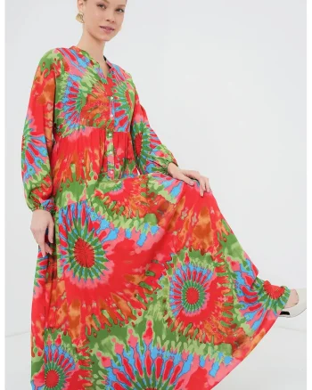 Rochie Maxi  imprimata, decolteu in V, multicolor, viscoza