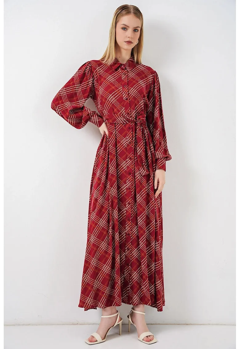 Rochie tip camasa, midi,  model in carouri, viscoza, rosu