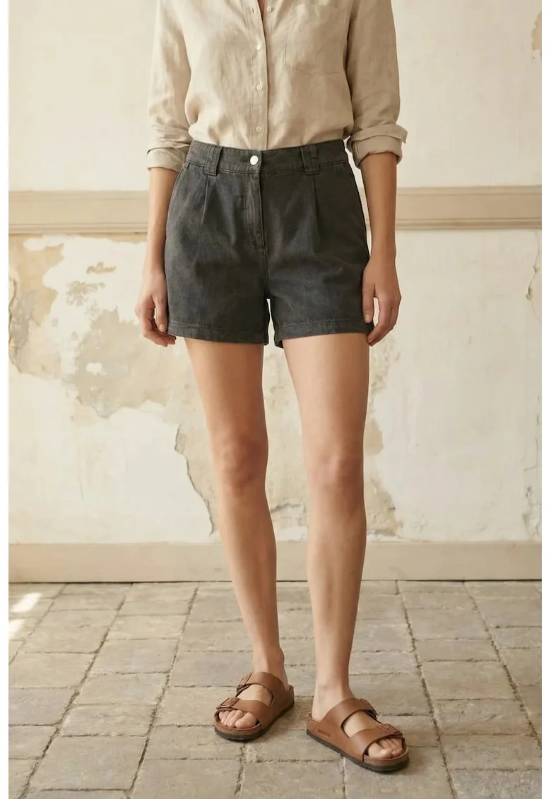 Pantaloni scurti  talie inalta, negru, bumbac