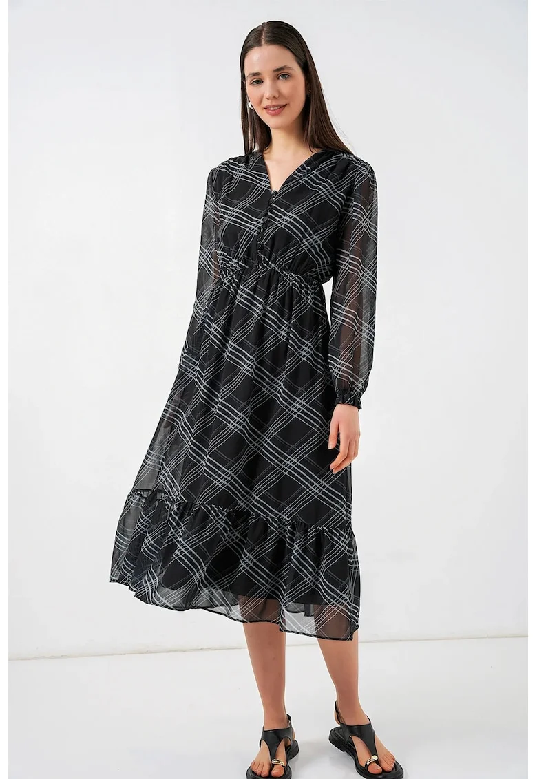 Rochie midi  gri, poliester, decolteu in V, inchidere cu nasturi