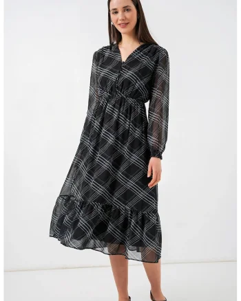 Rochie midi  gri, poliester, decolteu in V, inchidere cu nasturi