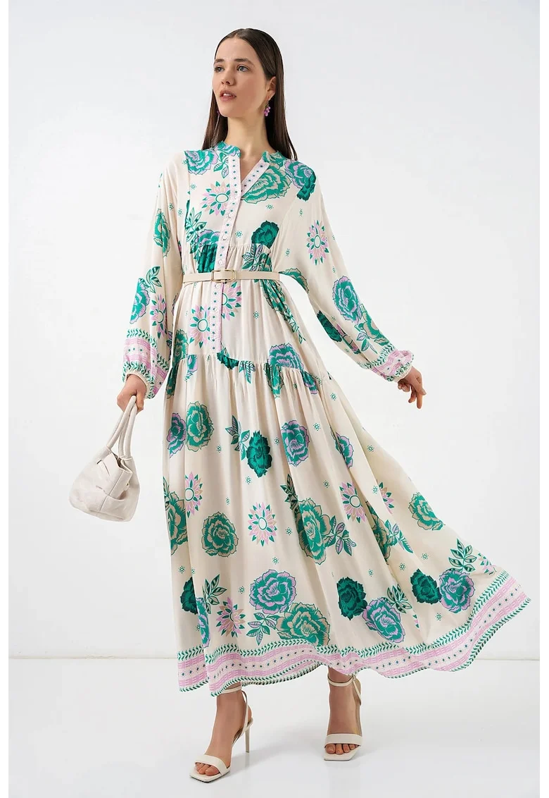 Rochie maxi  decolteu in V, verde, viscoza, maneca lunga