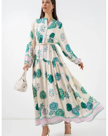 Rochie maxi  decolteu in V, verde, viscoza, maneca lunga