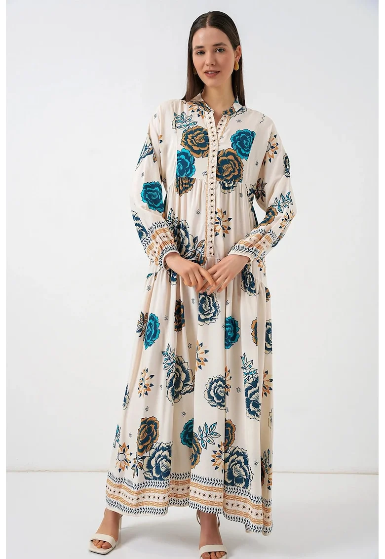 Rochie Maxi  albastru, viscoza, maneca lunga