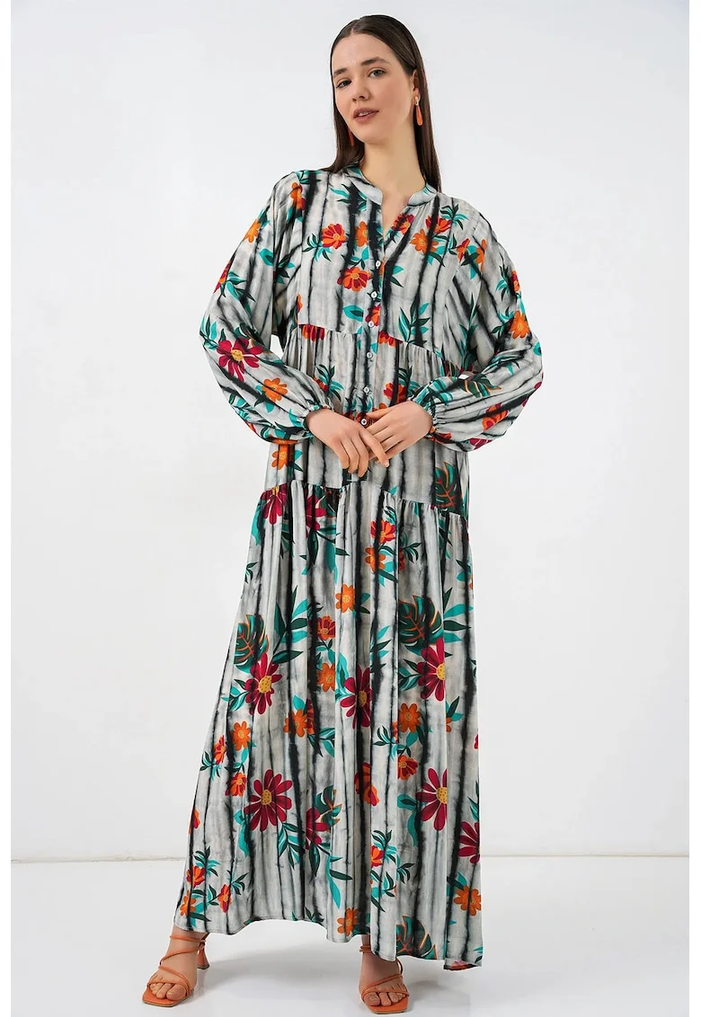 Rochie maxi  decolteu in V, gri, viscoza, maneca lunga