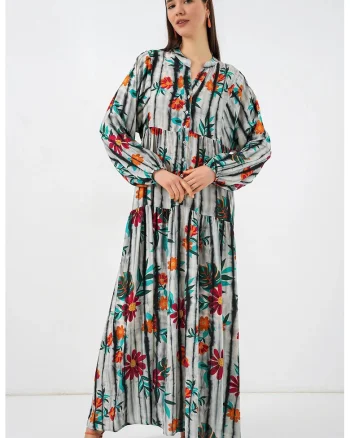 Rochie maxi  decolteu in V, gri, viscoza, maneca lunga