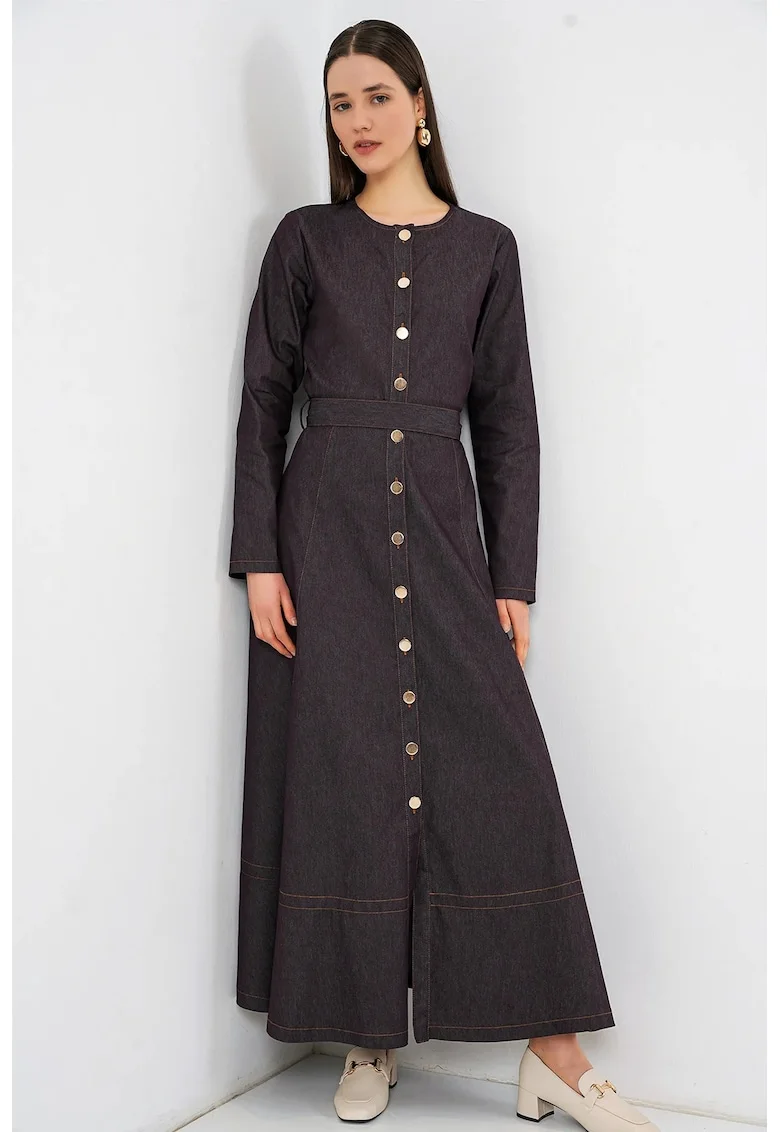 Rochie midi,  denim, curea in talie, maro