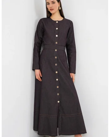 Rochie midi,  denim, curea in talie, maro