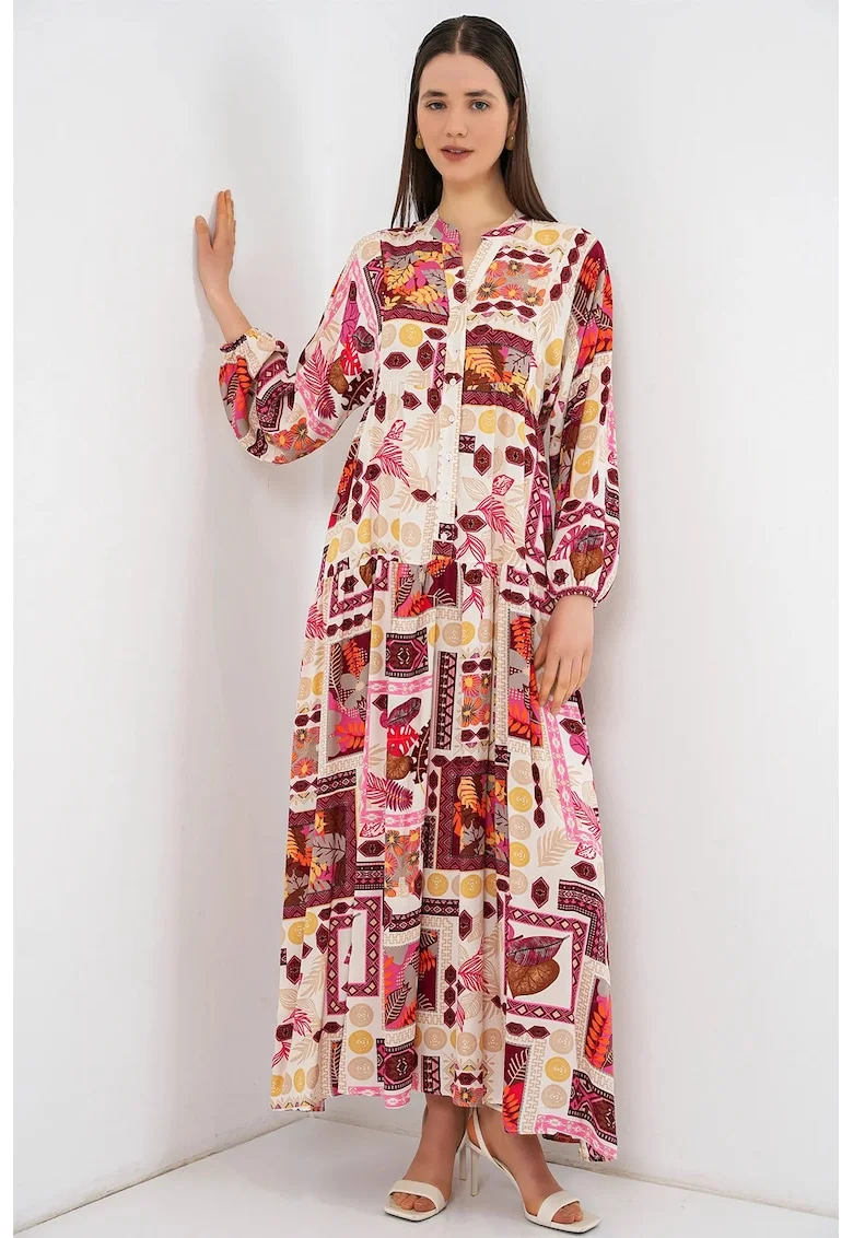Rochie maxi  decolteu in V, portocalie, maneca lunga, 100% viscoza