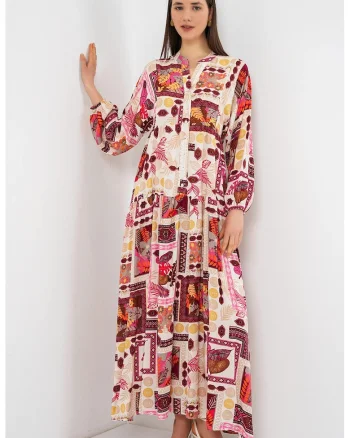 Rochie maxi  decolteu in V, portocalie, maneca lunga, 100% viscoza