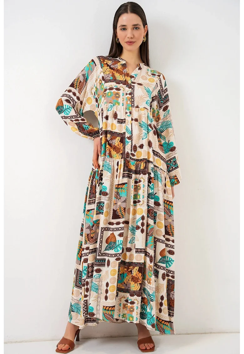 Rochie maxi  decolteu in V, maneca lunga, maro, viscoza
