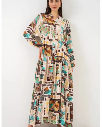 Rochie maxi  decolteu in V, maneca lunga, maro, viscoza