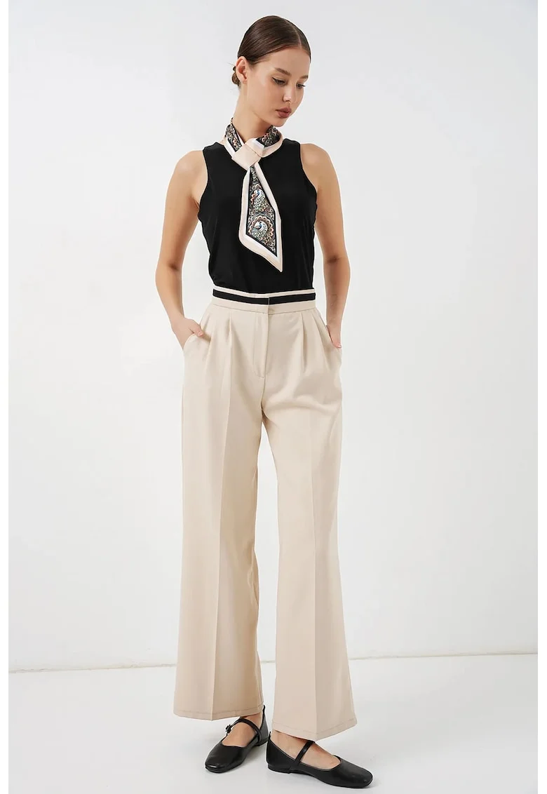 Pantaloni dama  talie inalta, bej, poliester, cu buzunare