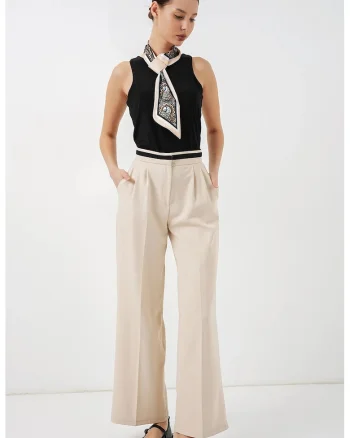 Pantaloni dama  talie inalta, bej, poliester, cu buzunare