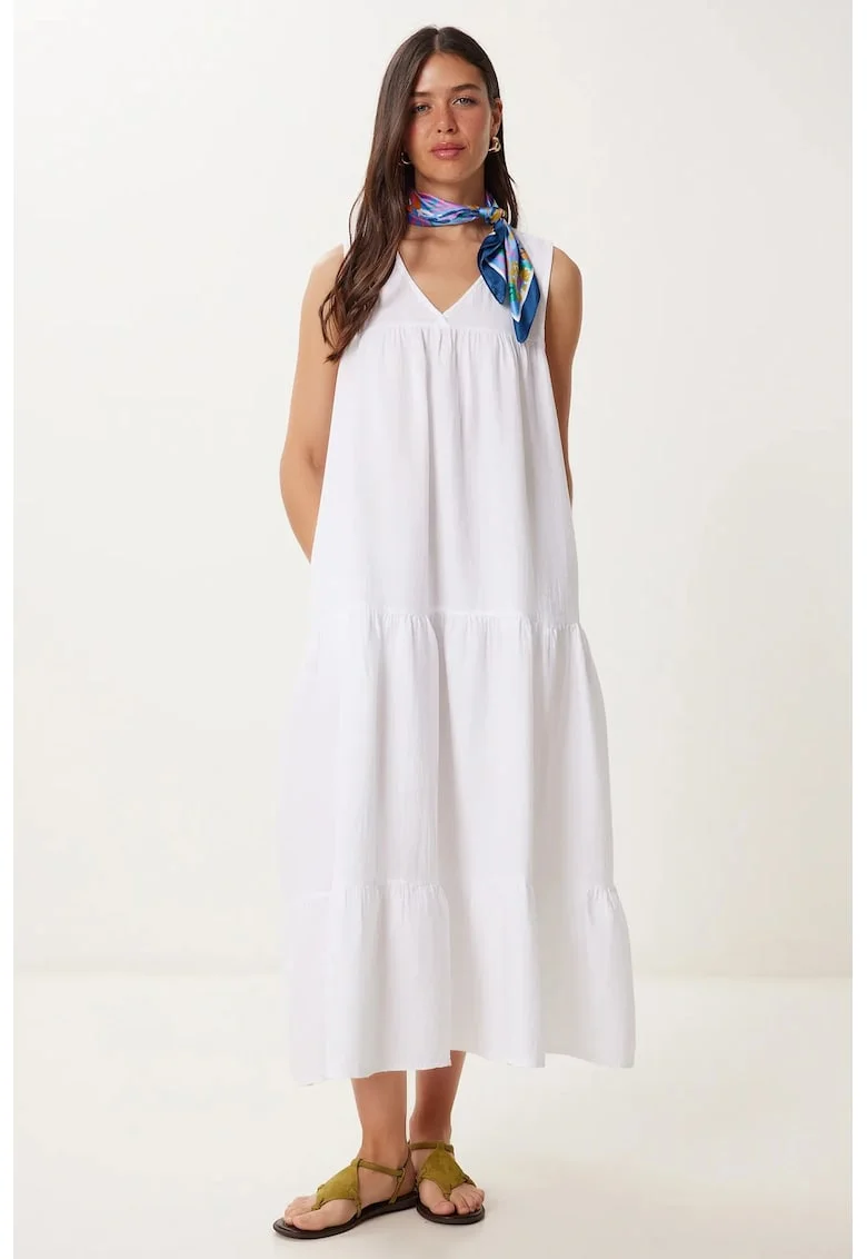 Rochie midi Happiness Istanbul, cu volane, decolteu in V, bumbac, alb