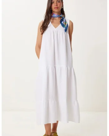 Rochie midi Happiness Istanbul, cu volane, decolteu in V, bumbac, alb